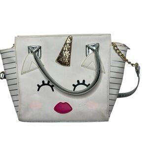 Betsy Johnson Unicorn 2-Way Satchel White/Silver Metallic Shoulder Bag.